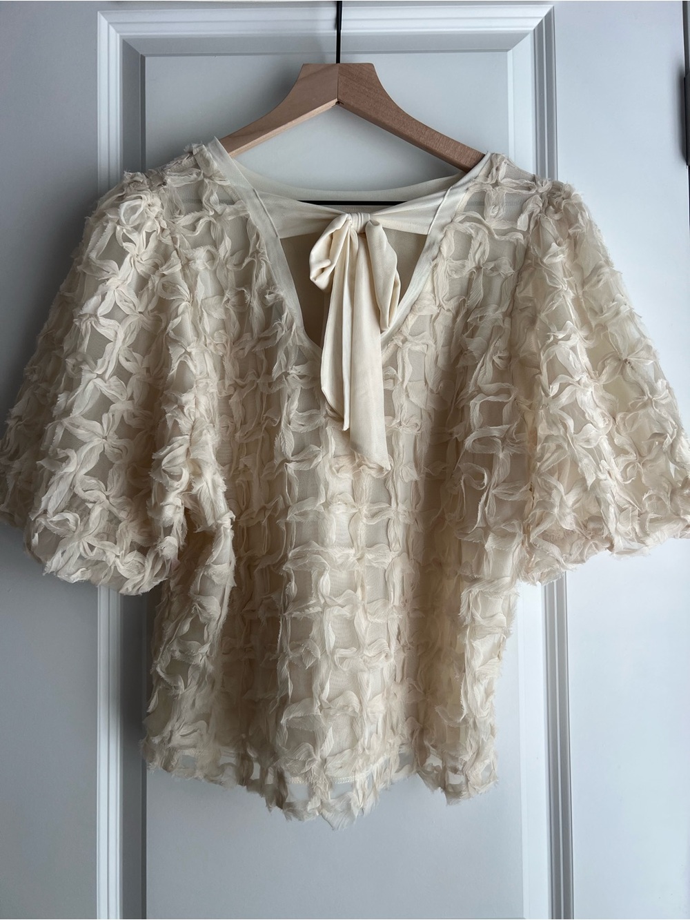 Ivory Puff-Sleeve Tie-Back Blouse